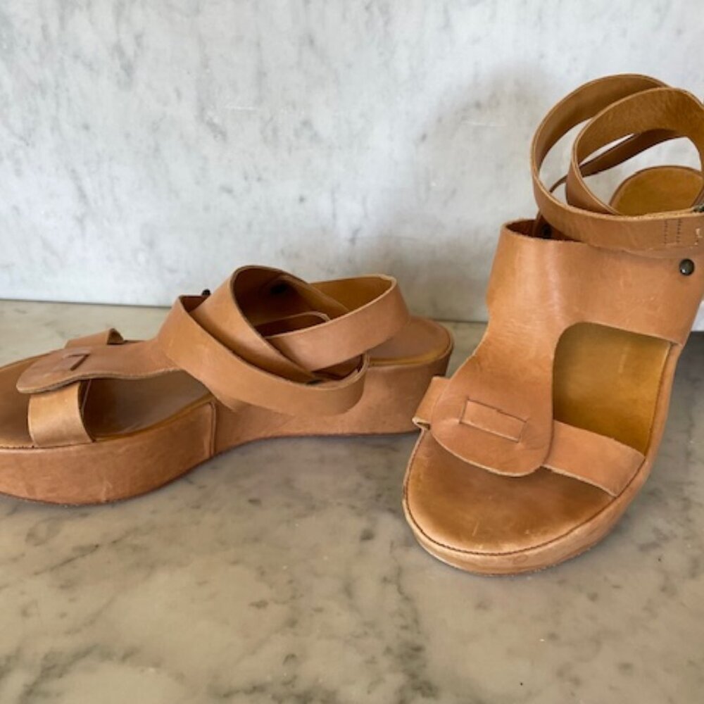 COCLICO Leather Platform Sandals Ankle Leg Wrap Tan Vintage 37
